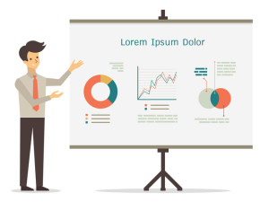 Vector character of smile businessman presenting with visual whiteboard, in presentation concept.